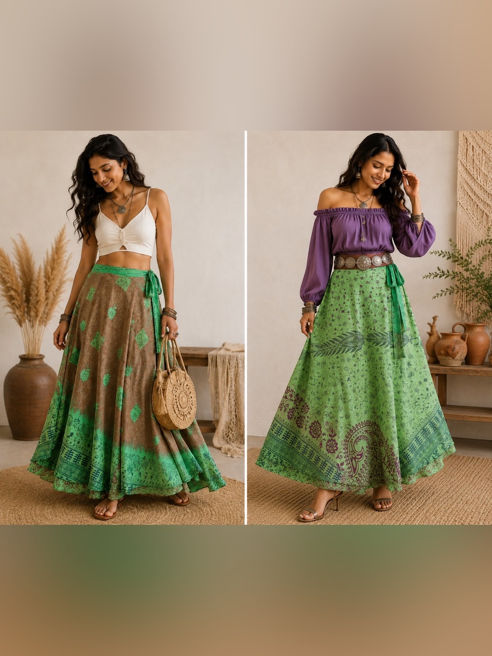 Indian Silk Reversible Wrap Maxi Skirt